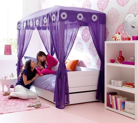 Lifetime hemelbed 90 x 200 met lade wit white wash of blank, hemel,marocco chic, paars voile,klamboe, h.210 x B.207 x d.104